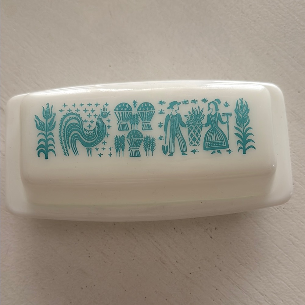 Vintage Pyrex Butterprint butter Dish with Teal Folk Art Design